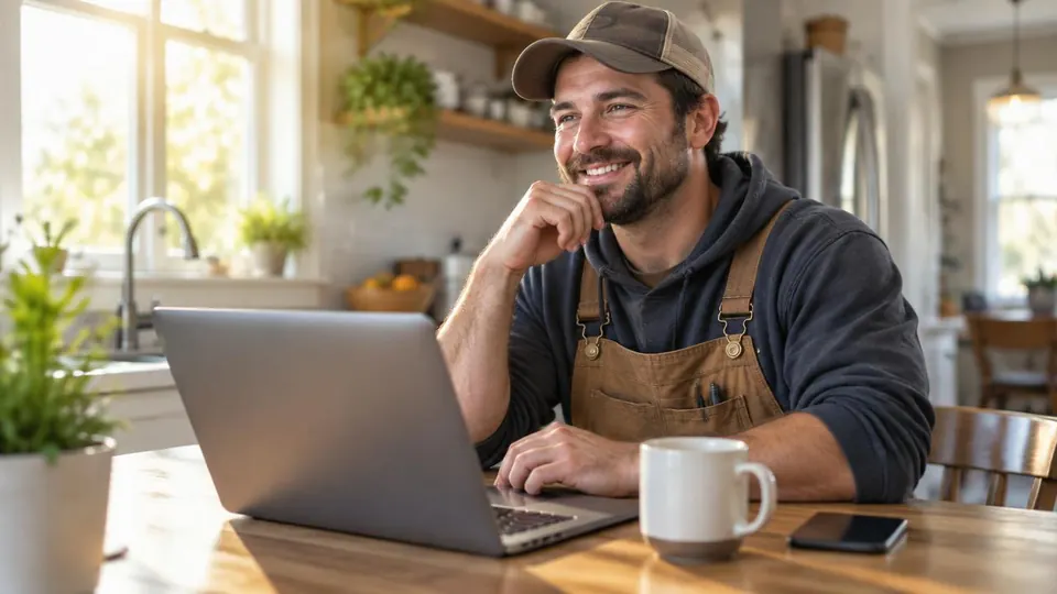 A tradesperson working at a laptop